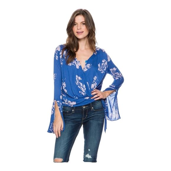 FREE PEOPLE Fiona Wrap Top, Boho, Blue Cobalt, XSmall, Bell Long Sleeves - Picture 3 of 16